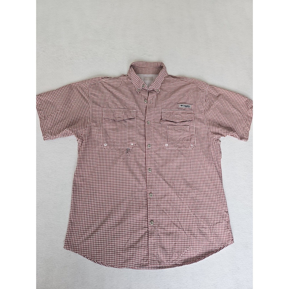 Columbia PFG Super Bahama Shirt Mens M Red Gingham Plaid Short Sleeve Vented